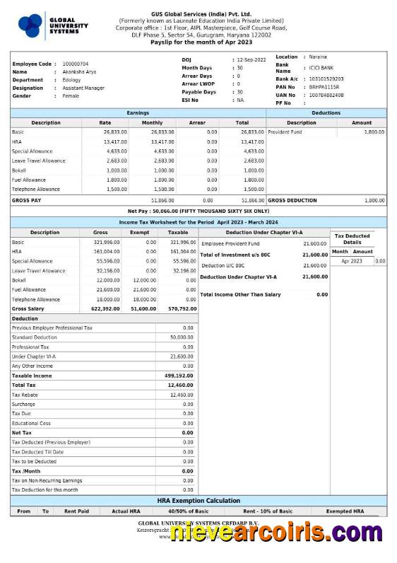 GUS Global Services India payslip